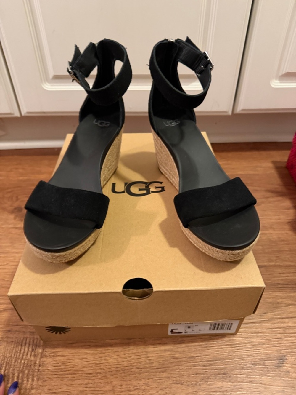 UGG  W AYLANI Black Suede Ankle-Strap Espadrille Wedges NEW IN BOX